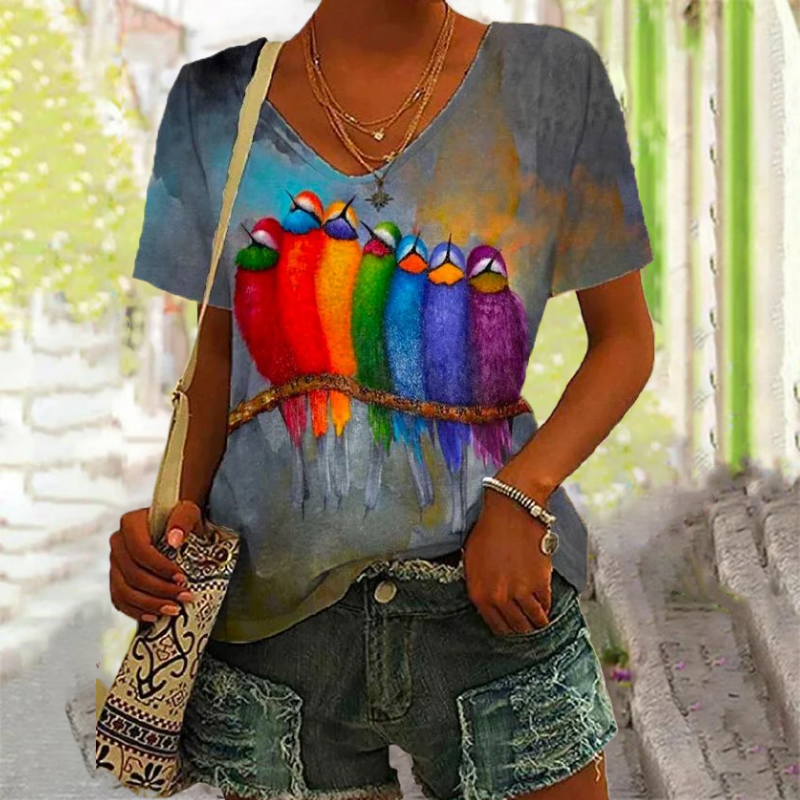 Drune | Bunte T-Shirt mit Abstraktem Vogel