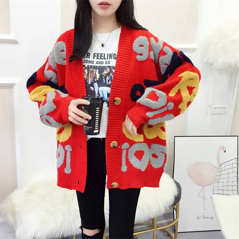 Damen Strickjacke mit buntem Design und großen Knöpfen Drune
