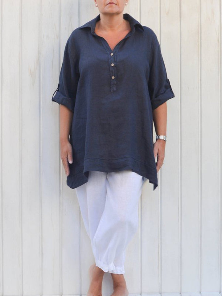 Damen Leinen Bluse mit Rollkragen und eleganten Knopfdetails Drune