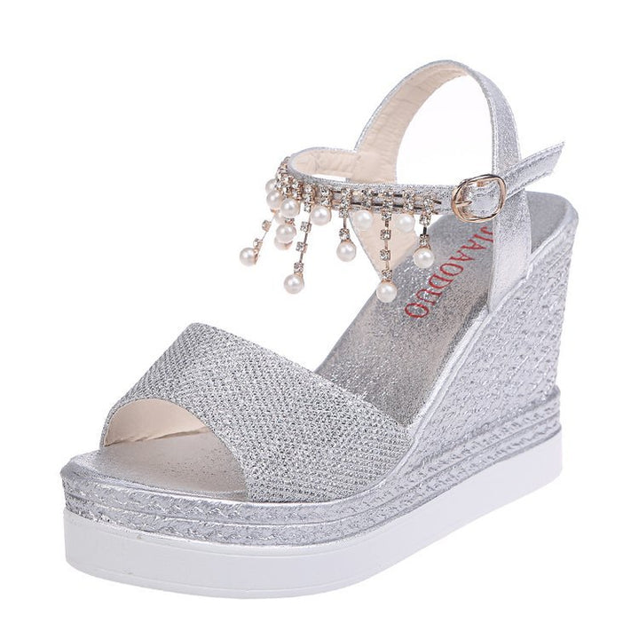 Damen nan glitzernde Keilsandalette mit Perlenfransen und verstellbarem Knöchelriemen Drune