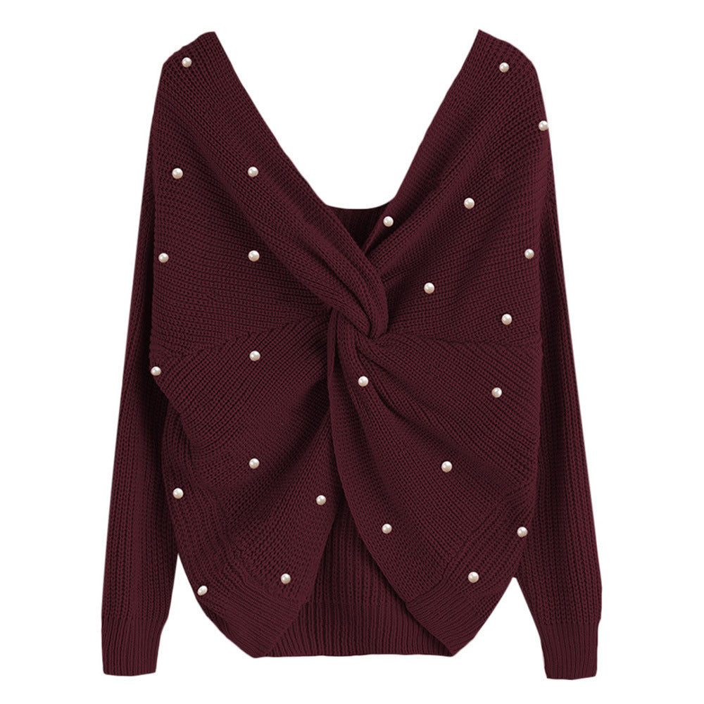 Damen modischer Strickpullover mit Wickeldesign und perlenverzierten Details Drune