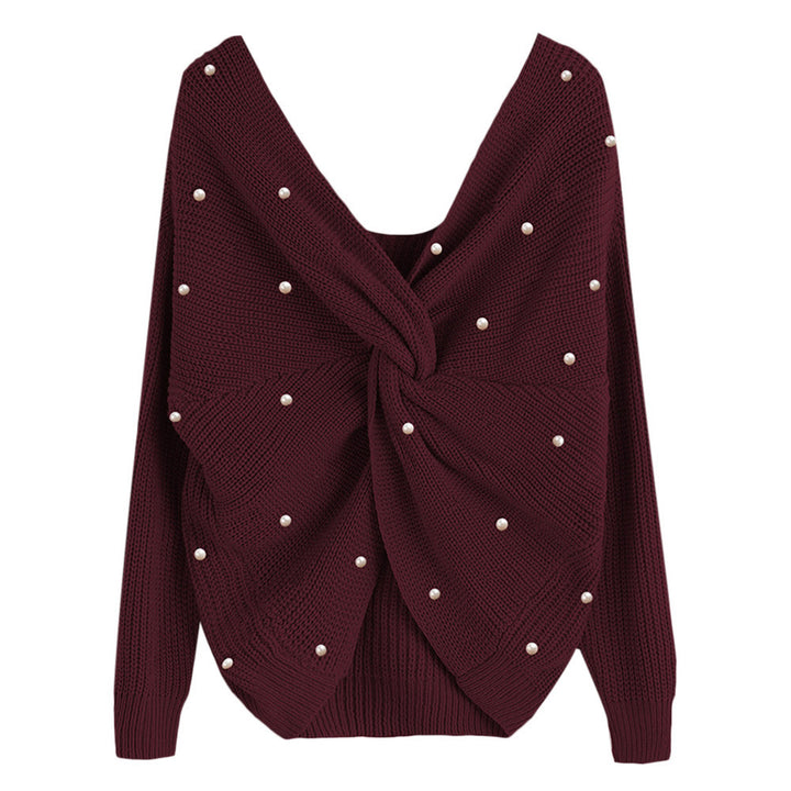 Damen modischer Strickpullover mit Wickeldesign und perlenverzierten Details Drune