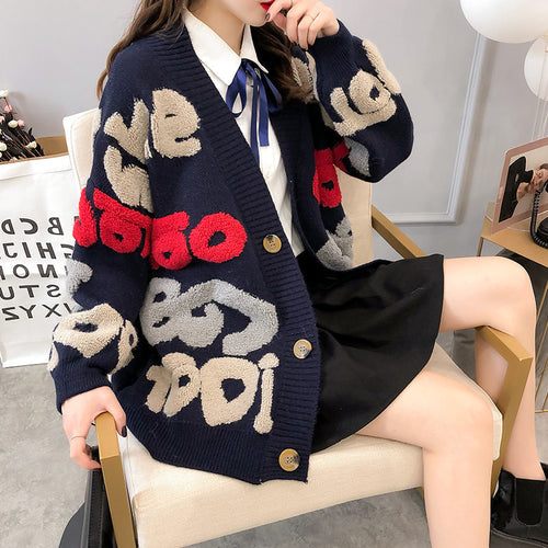 Damen Strickjacke mit buntem Design und großen Knöpfen Drune