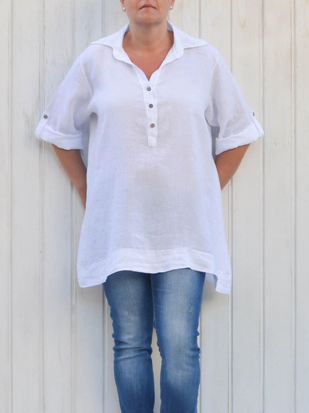 Damen Leinen Bluse mit Rollkragen und eleganten Knopfdetails Drune