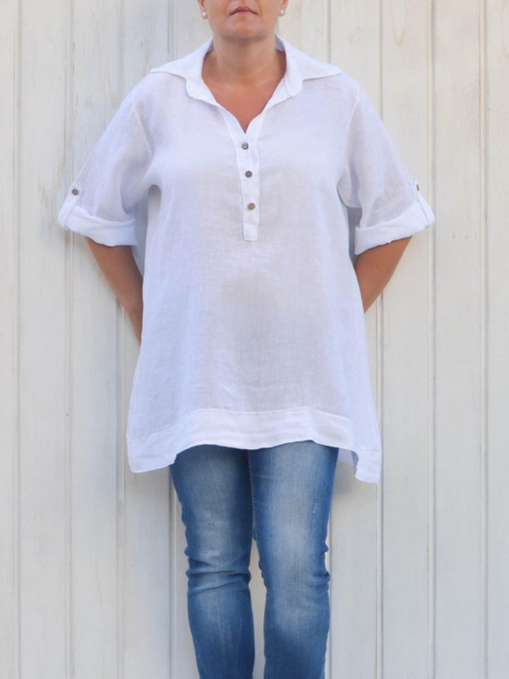 Damen Leinen Bluse mit Rollkragen und eleganten Knopfdetails Drune