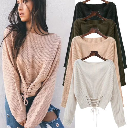 Damen cropped Pullover mit Schnürung und weitem Schnitt Drune