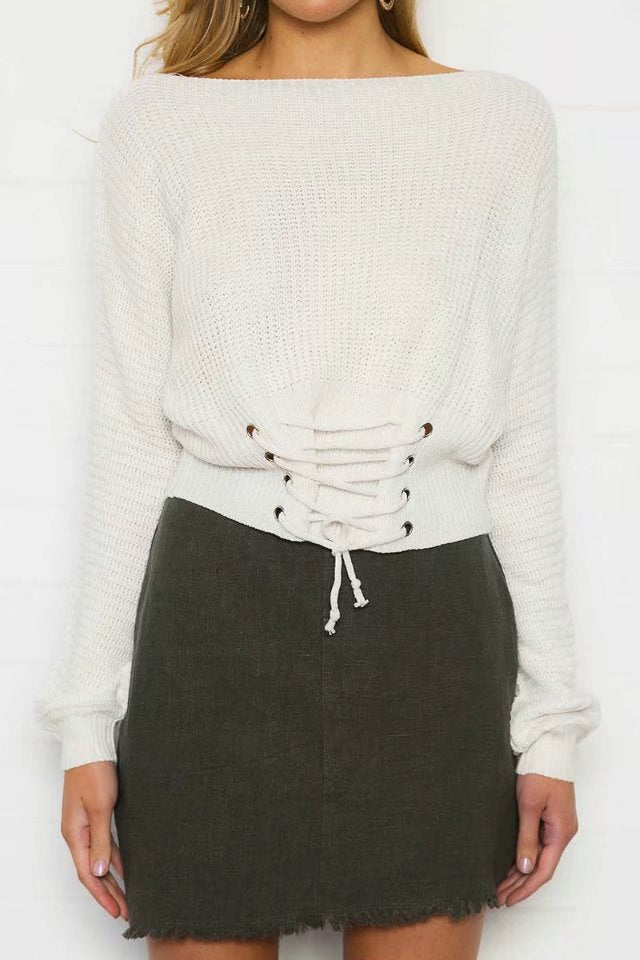Damen cropped Pullover mit Schnürung und weitem Schnitt Drune
