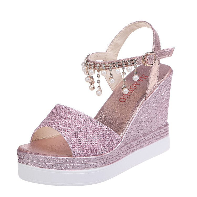 Damen nan glitzernde Keilsandalette mit Perlenfransen und verstellbarem Knöchelriemen Drune