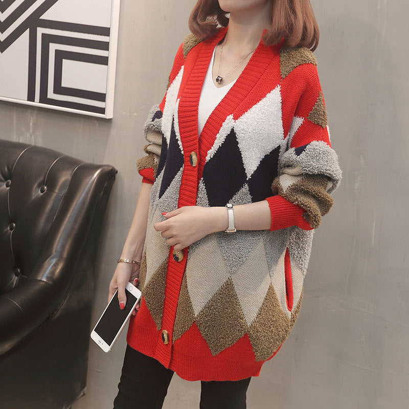 Damen Strickjacke mit geometrischem Muster und großen Knöpfen Drune