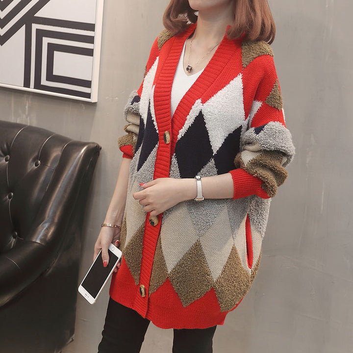 Damen Strickjacke mit geometrischem Muster und großen Knöpfen Drune