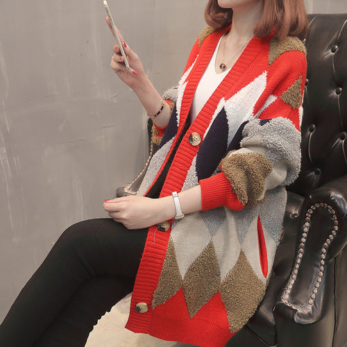 Damen Strickjacke mit geometrischem Muster und großen Knöpfen Drune