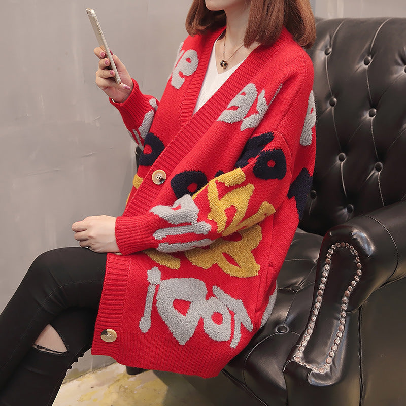 Damen Grobstrick-Cardigan mit auffälligem Motiv und großen Knöpfen Drune