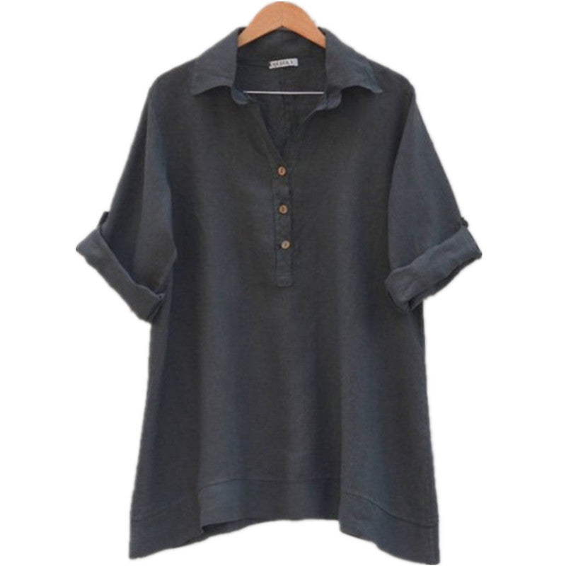 Damen Leinen Bluse mit Rollkragen und eleganten Knopfdetails Drune