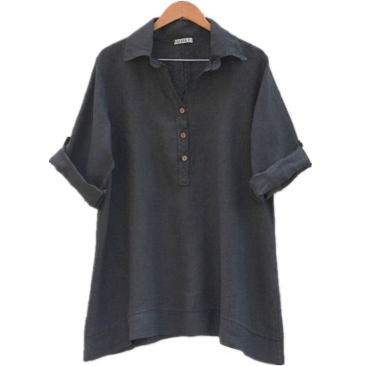 Damen Leinen Bluse mit Rollkragen und eleganten Knopfdetails Drune