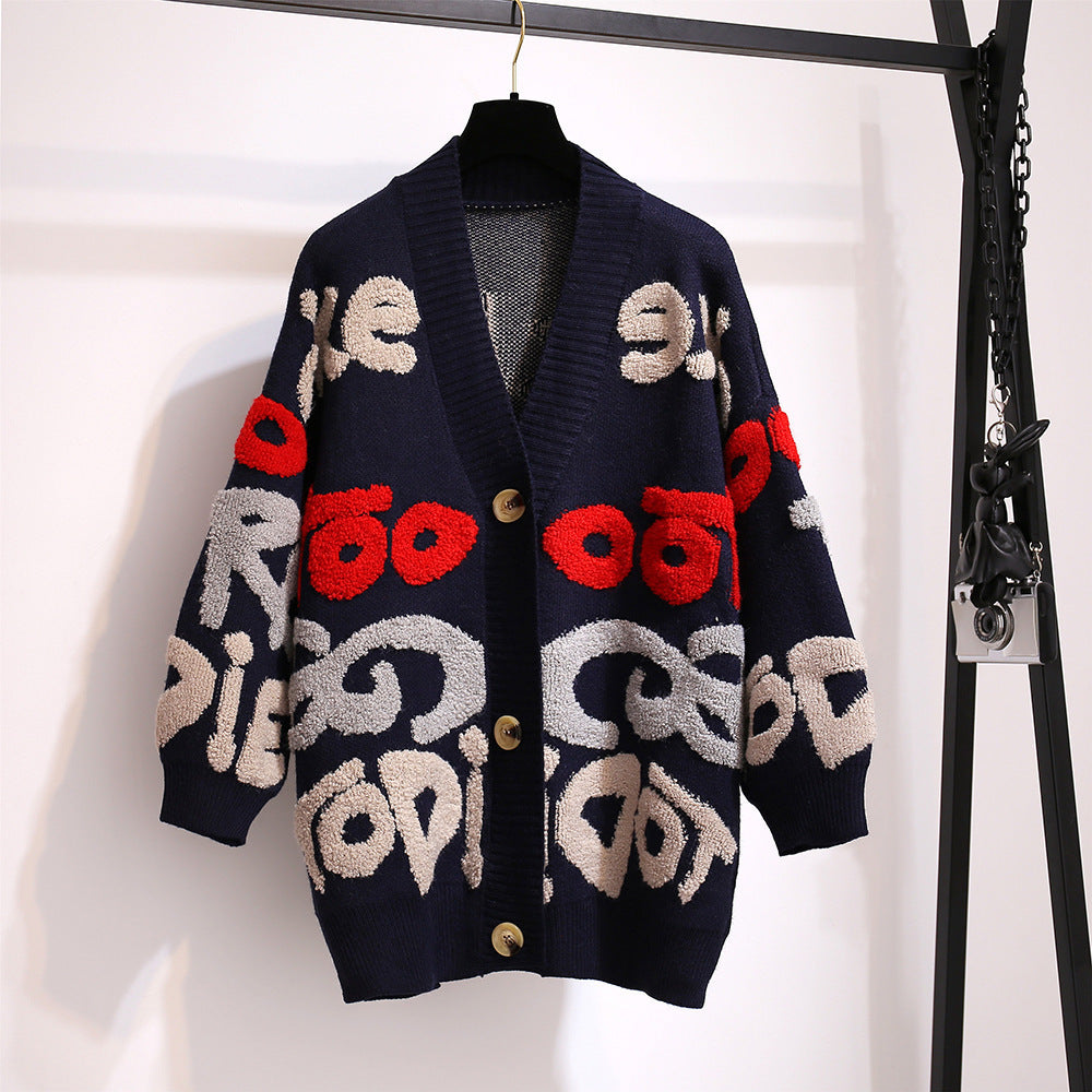 Damen Strickjacke mit buntem Design und großen Knöpfen Drune