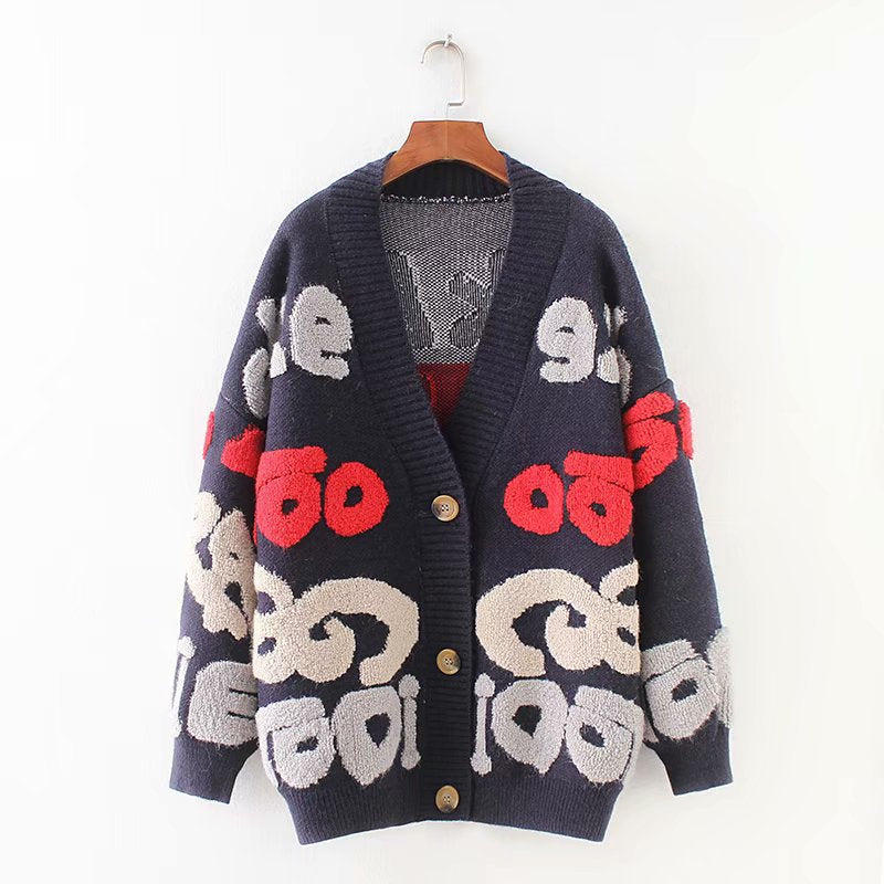 Damen Strickjacke mit buntem Design und großen Knöpfen Drune