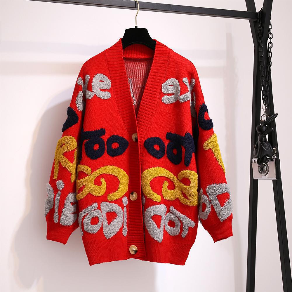 Damen Strickjacke mit buntem Design und großen Knöpfen Drune