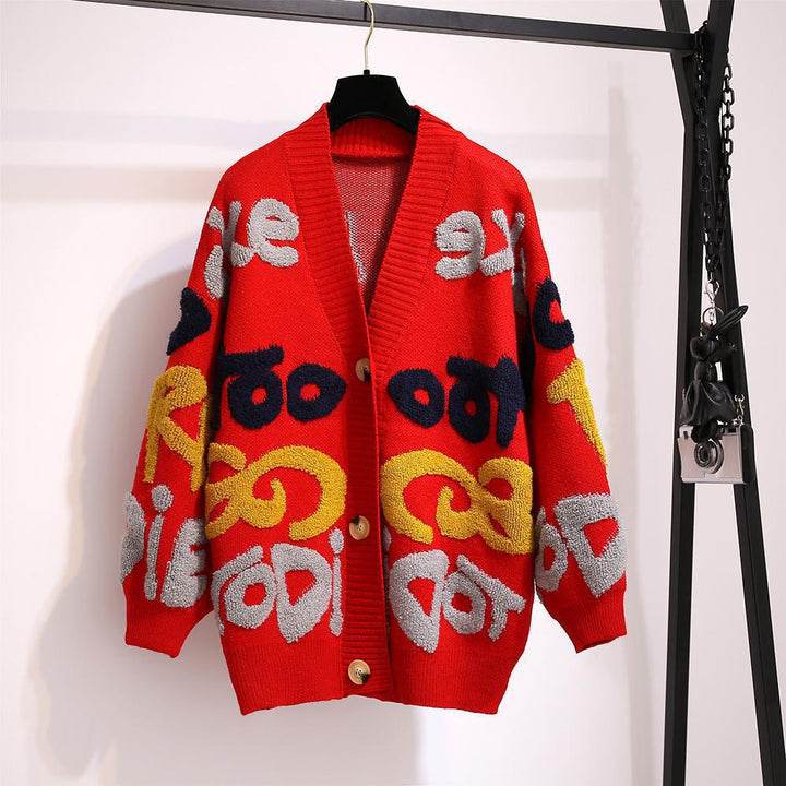 Damen Strickjacke mit buntem Design und großen Knöpfen Drune