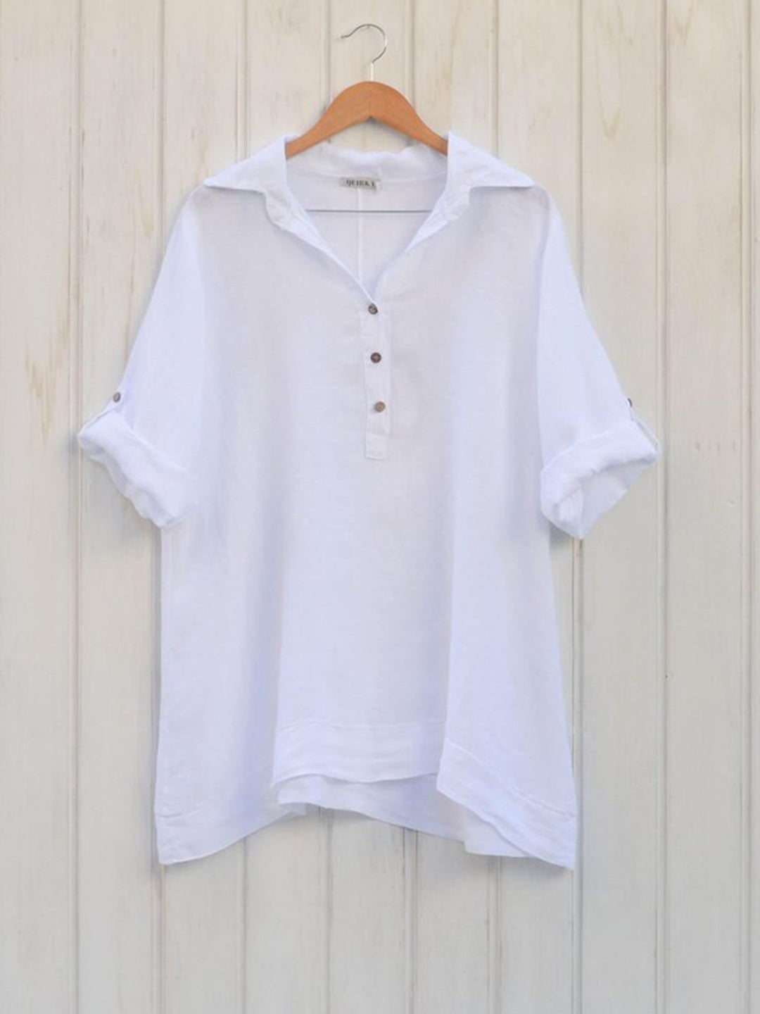 Damen Leinen Bluse mit Rollkragen und eleganten Knopfdetails Drune