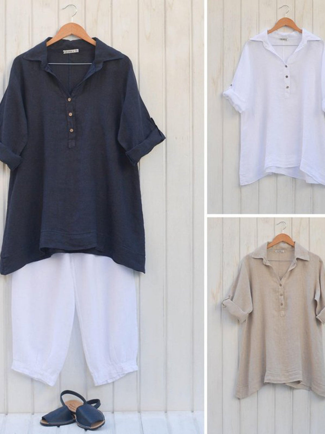 Damen Leinen Bluse mit Rollkragen und eleganten Knopfdetails Drune
