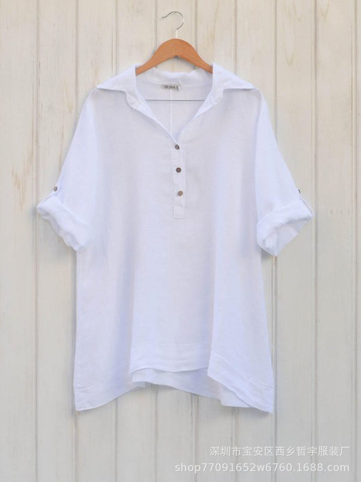 Damen Leinen Bluse mit Rollkragen und eleganten Knopfdetails Drune