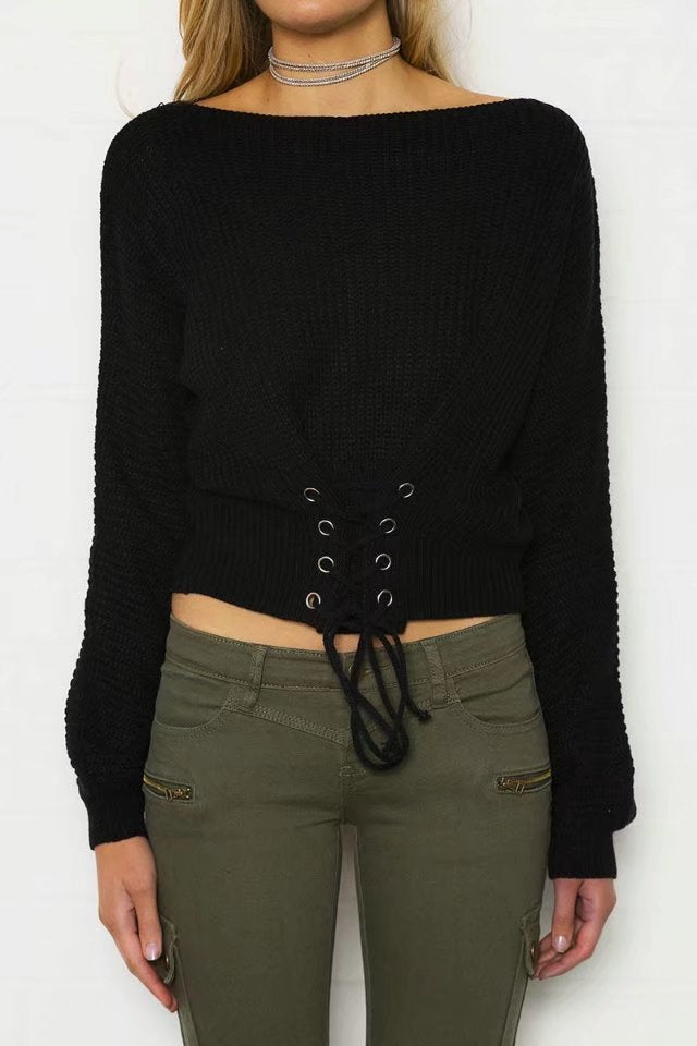Damen cropped Pullover mit Schnürung und weitem Schnitt Drune