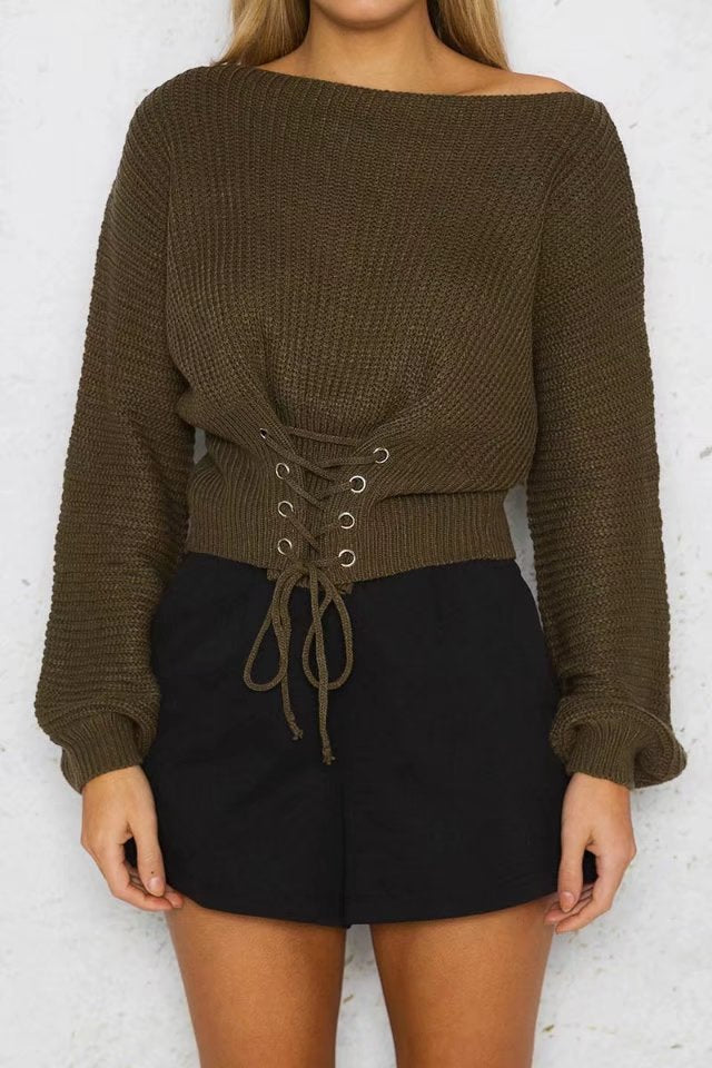 Damen cropped Pullover mit Schnürung und weitem Schnitt Drune