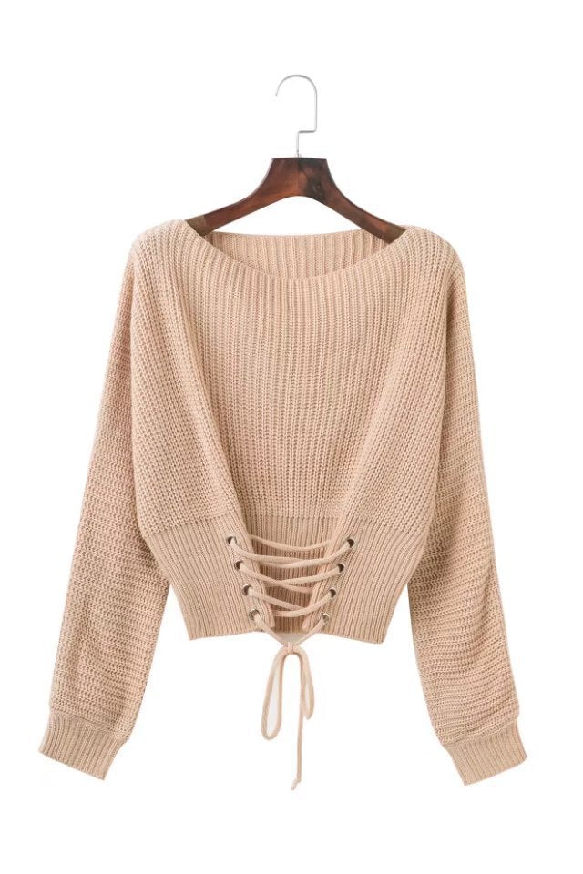 Damen cropped Pullover mit Schnürung und weitem Schnitt Drune