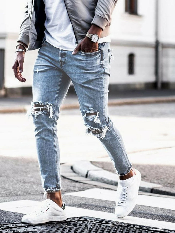 Herren Zerrissene Denim Slim-Fit Jeans mit modischen Waschungen Drune