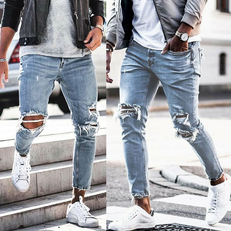 Herren Zerrissene Denim Slim-Fit Jeans mit modischen Waschungen Drune