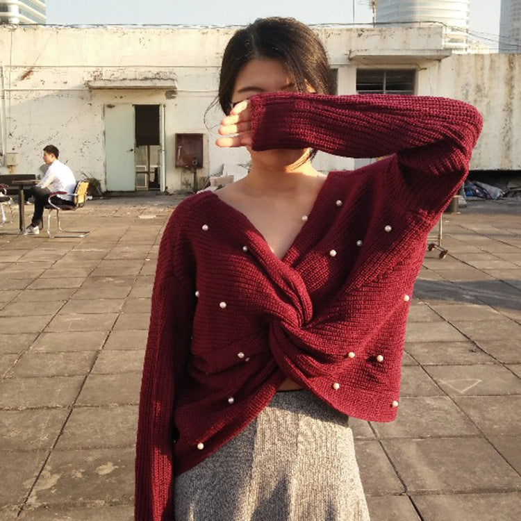 Damen modischer Strickpullover mit Wickeldesign und perlenverzierten Details Drune