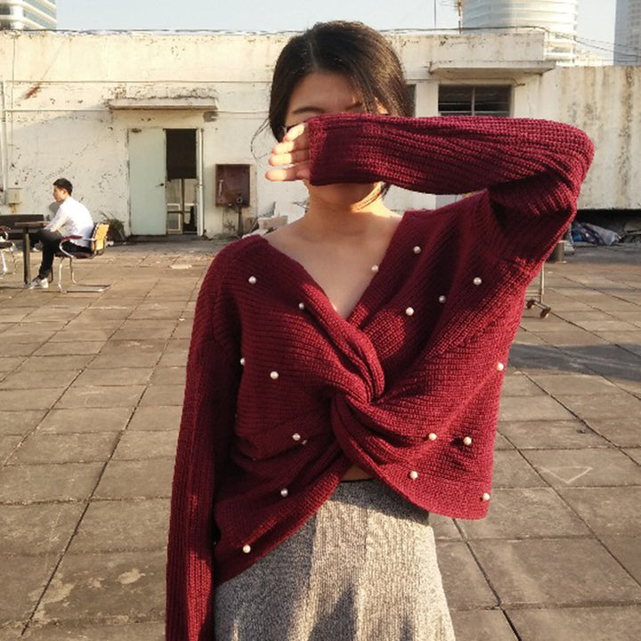 Damen modischer Strickpullover mit Wickeldesign und perlenverzierten Details Drune