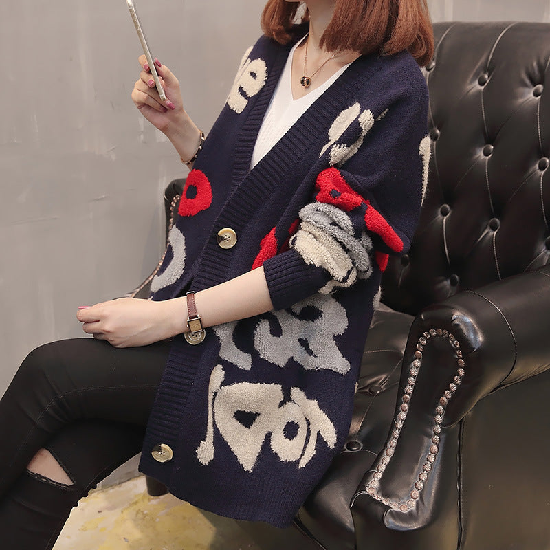 Damen Grobstrick-Cardigan mit auffälligem Motiv und großen Knöpfen Drune