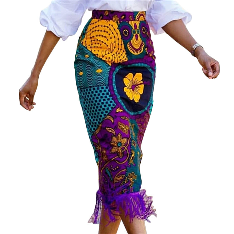 Damen eleganter Rock mit Fransen und außergewöhnlichem Print Drune