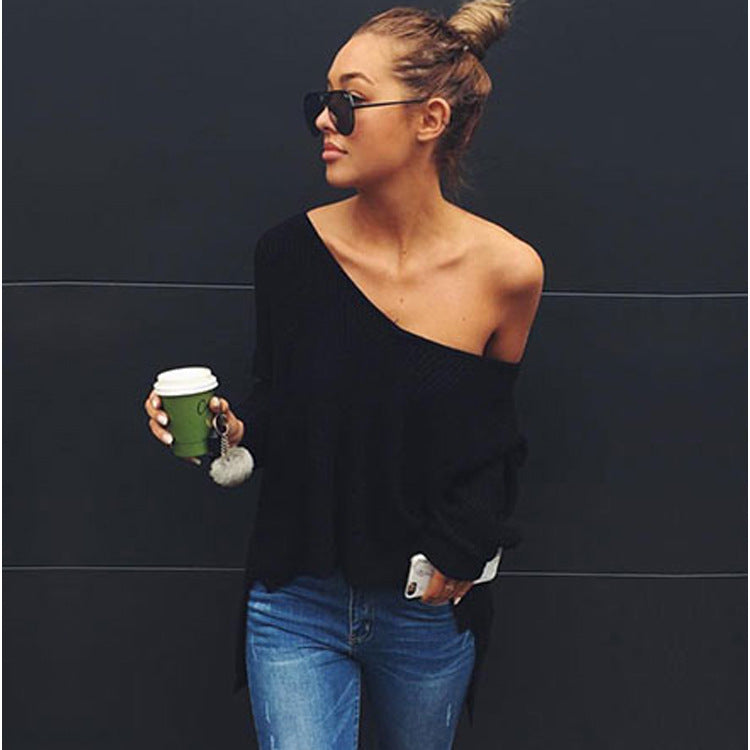 Damen lässiger Oversized Pullover mit asymmetrischem Schnitt und tiefem Rundhalsausschnitt Drune