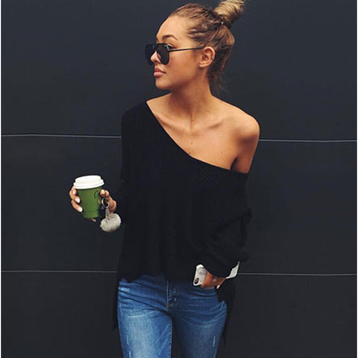 Damen lässiger Oversized Pullover mit asymmetrischem Schnitt und tiefem Rundhalsausschnitt Drune