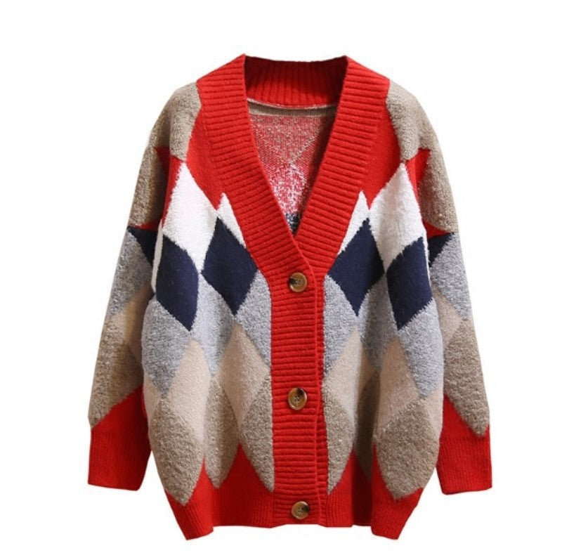 Damen Grobstrick-Cardigan mit auffälligem Rautenmuster und knopflosem Design Drune
