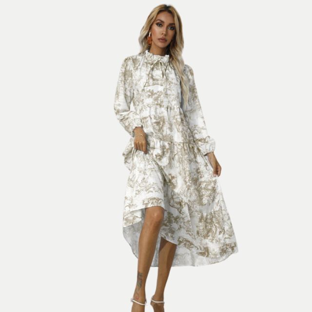 Drune | Toile-Druck Midi-Kleid mit hohem Kragen