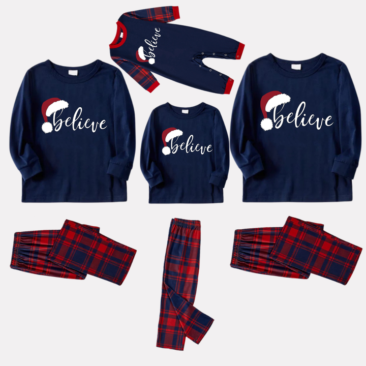 Drune | Weihnachten "Believe" Buchstaben Drucken Blau Langarmoberteil mit Rot- und Blau-Karierten Weihnachtsfamilien-Matching Pyjamas