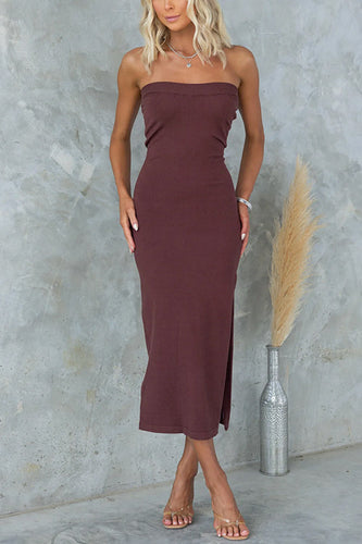 Drune | Strapless Tube Schlitz Rippenstrick Midi Kleid