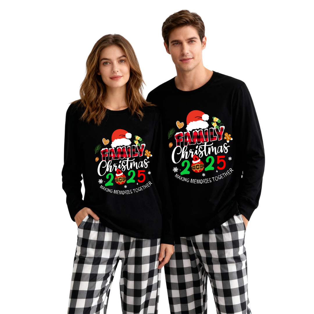 Drune | Familie Weihnachten 2025 Gemeinsam Erinnerungen Schaffen Textdruck Schwarzes Langarmshirt mit Schwarz-weißen Karohosen Familienpassende Pyjamas