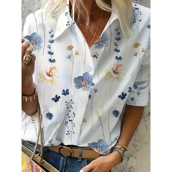 Drune | Weiße Elegante Damenbluse mit Blumenmuster und Kragen