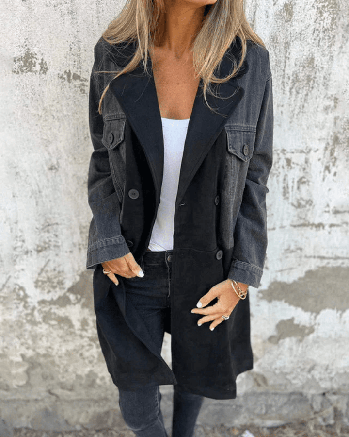 Drune | Stoff Trenchcoat - Denim und Wildleder-Look Kontrast mit Knopfverschluss