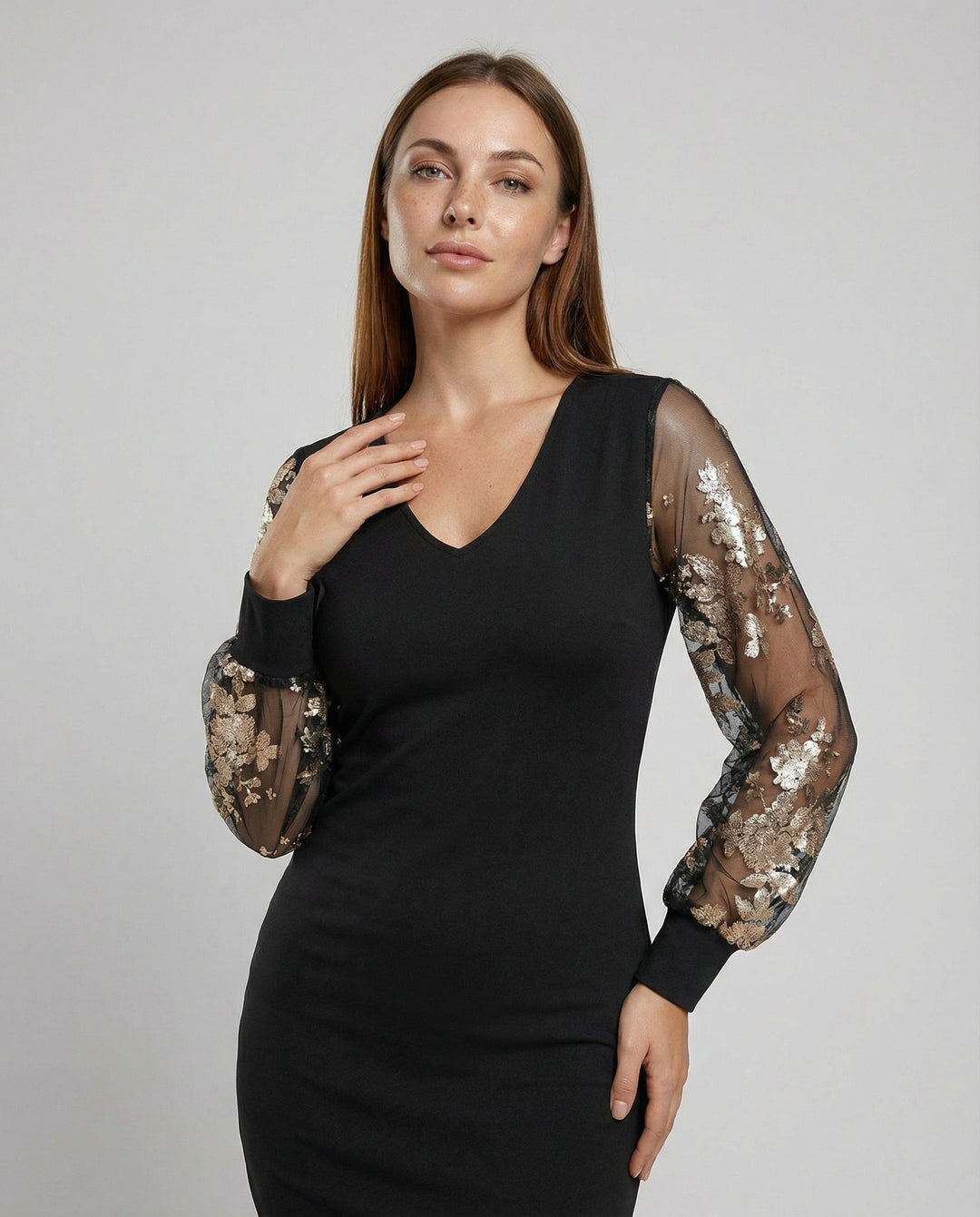 Schwarzes Blumen Mesh Midikleid | Drune