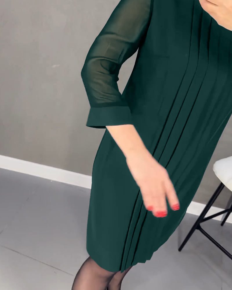 Drune | Einfarbiges Plissiertes Patchwork Mesh Kleid