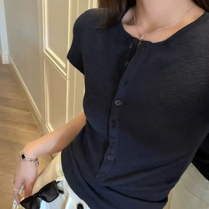 Damen Kurzarm T-Shirt mit Knopfleiste Slim Fit