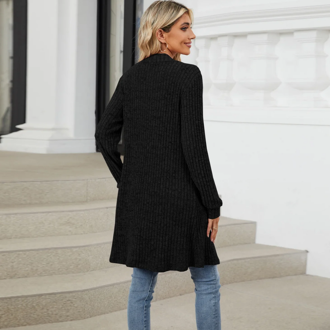 Drune | Lange Strickjacken Damen Gerippte Offene Vorderseite Jacke mit Taschen