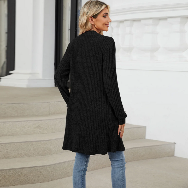 Drune | Lange Strickjacken Damen Gerippte Offene Vorderseite Jacke mit Taschen