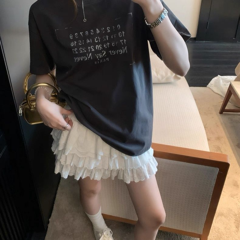 Damen Kurzarm T-Shirt mit Buchstaben Print Dunkelgrau