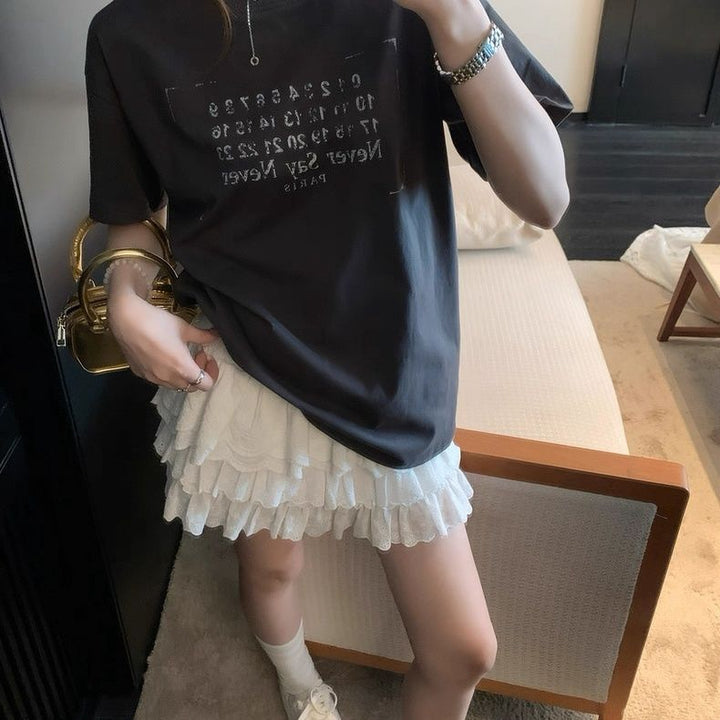 Damen Kurzarm T-Shirt mit Buchstaben Print Dunkelgrau
